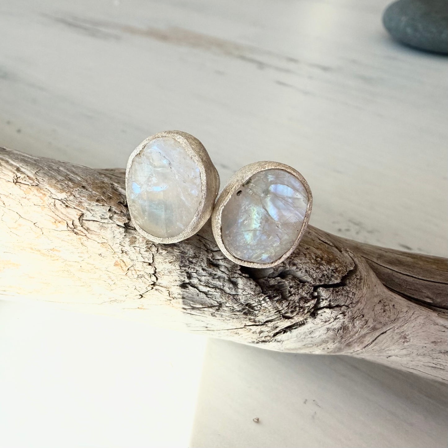 Beachside Stud Moonstone Earrings - Satin Silver