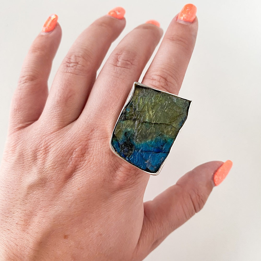 Ragged Harbour Labradorite Ring - Square Size 8